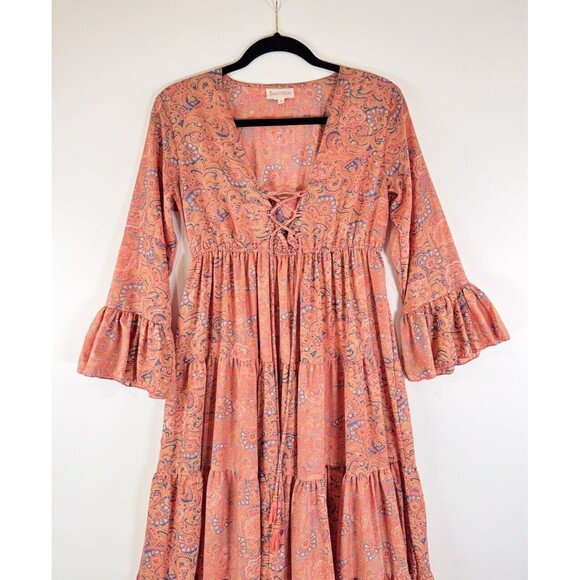 Anthropologie Revolve Boemo Dress Coral Pink Maxi Floral Tier Flared Boho Small - Picture 6 of 10